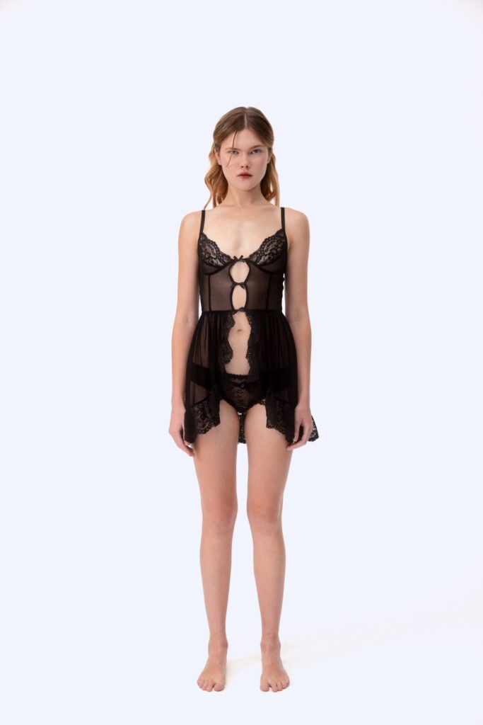Sale 13 dress Trixie by Underveil — black lace babydoll corset dress with front cutout bows and cascading ruffled hem