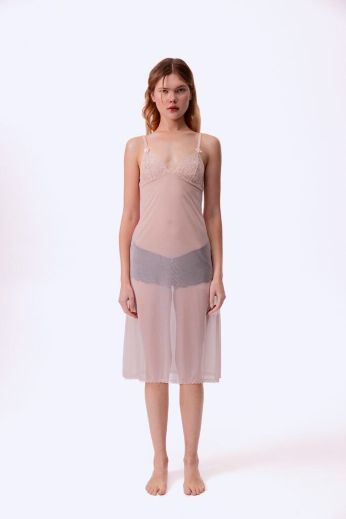 Sale 12 dress Jolie by Underveil — blush pink sheer midi slip dress with floral lace bodice and spaghetti straps