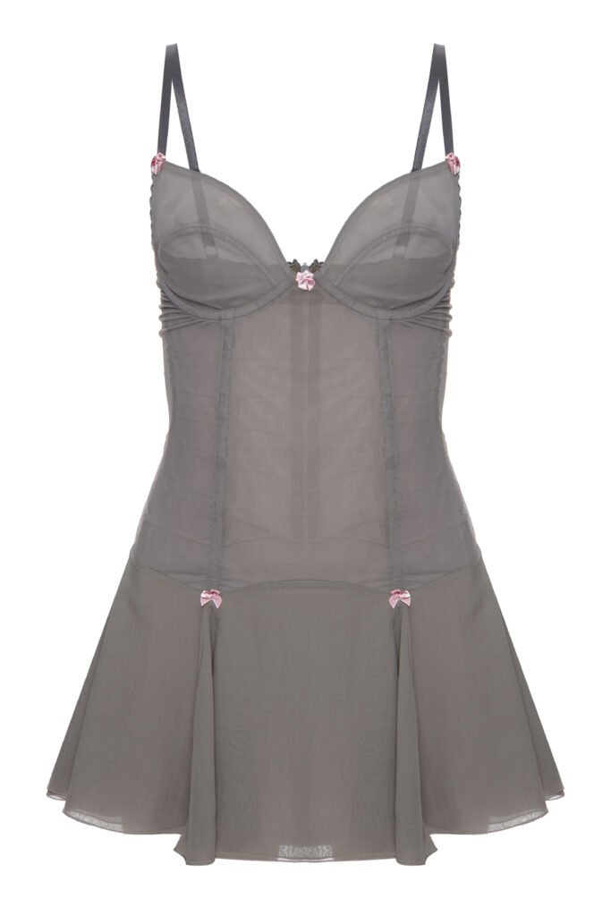 dress Odette by Underveil — charcoal grey sheer mesh corset babydoll dress with pink bows and underwire