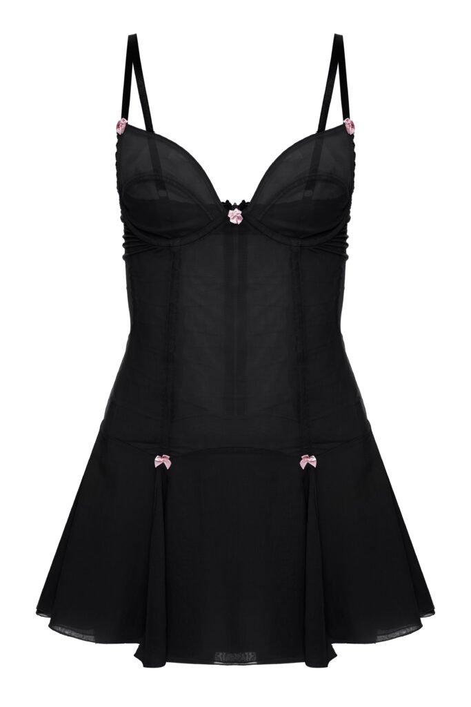 dress Luna by Underveil — black sheer mesh corset babydoll slip dress with flared skirt and pink rosebud bows