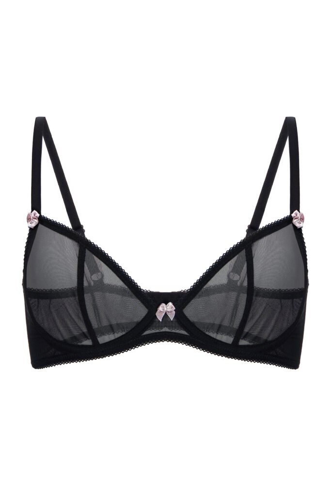 bra Luna by Underveil — black sheer mesh with underwire cups and contrasting pink rosebud bows