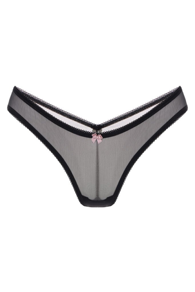 pantie Luna by Underveil — black sheer mesh with underwire cups and contrasting pink rosebud bows