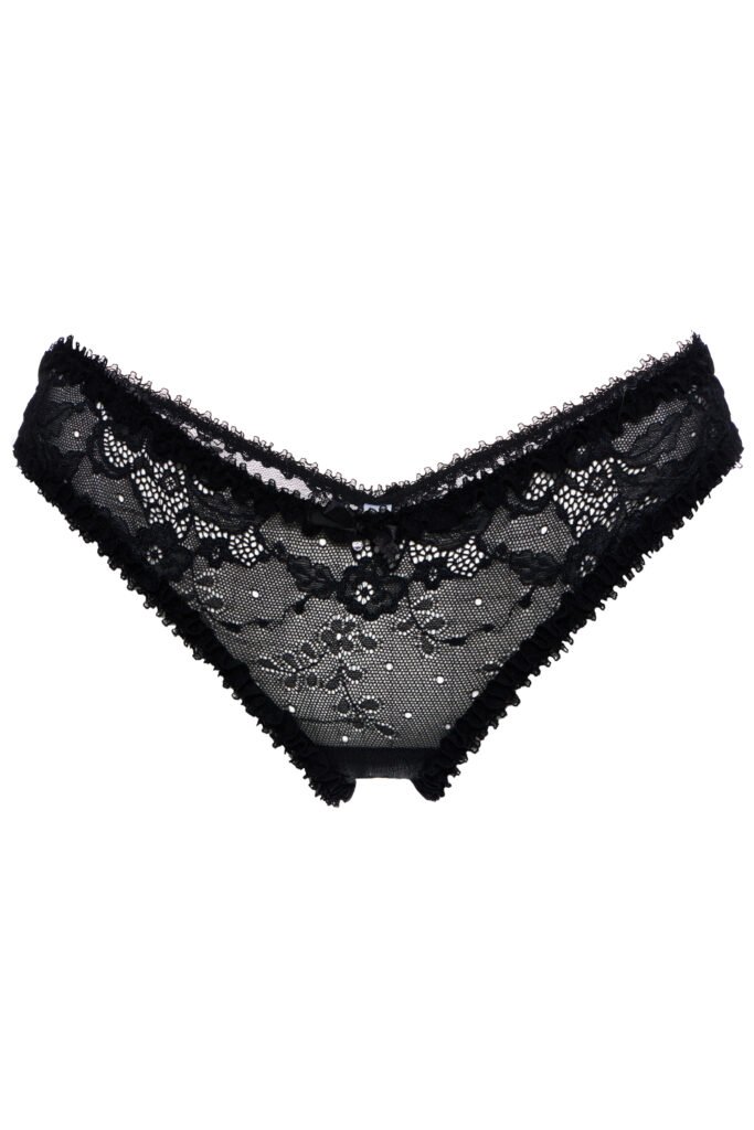 pantie Lucretia by Underveil — black floral lace and point d esprit mesh with crystal charm bows