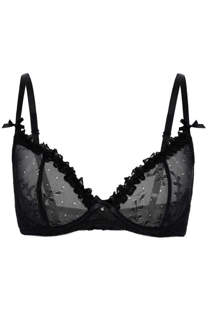 bra Lucretia by Underveil — black floral lace and point d esprit mesh with crystal charm bows
