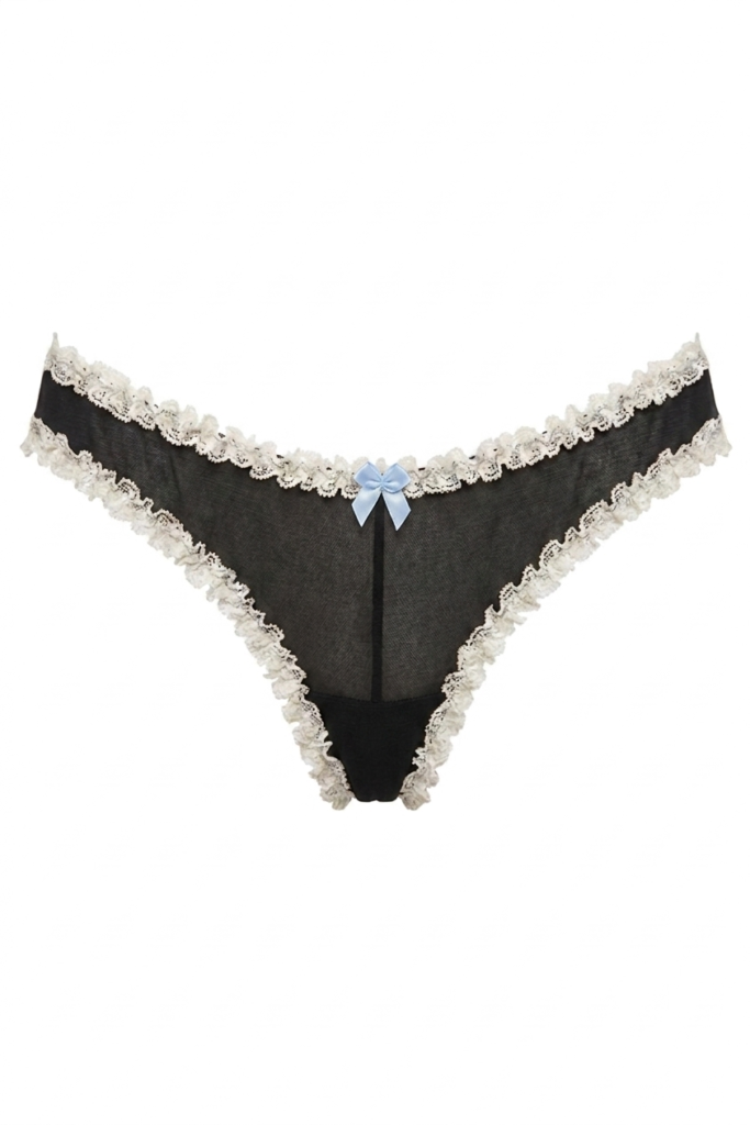 panties Martha by Underveil — black sheer mesh with cream scalloped lace trim and delicate blue bows