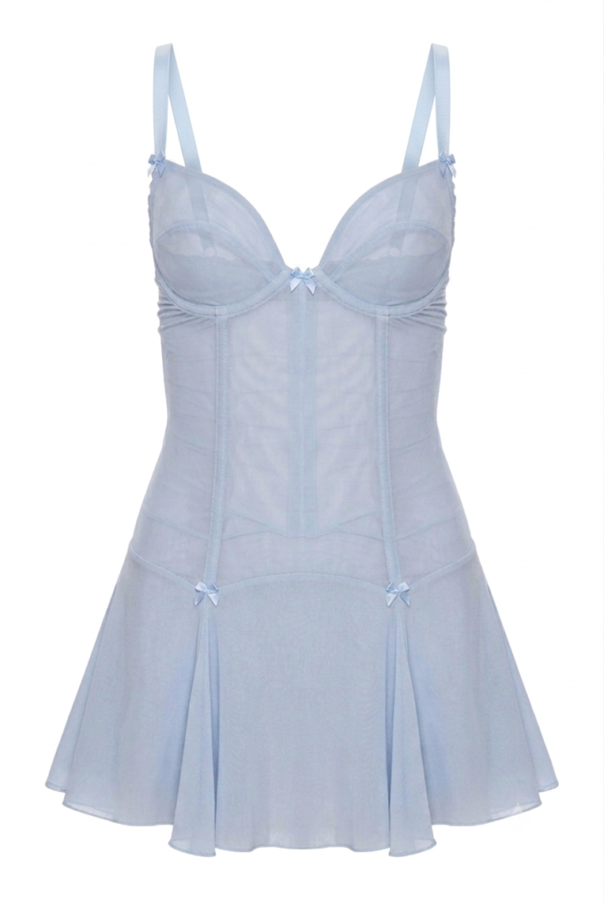 сукня Lia by Underveil — baby blue sheer mesh corset slip dress with flared mini skirt and satin bows