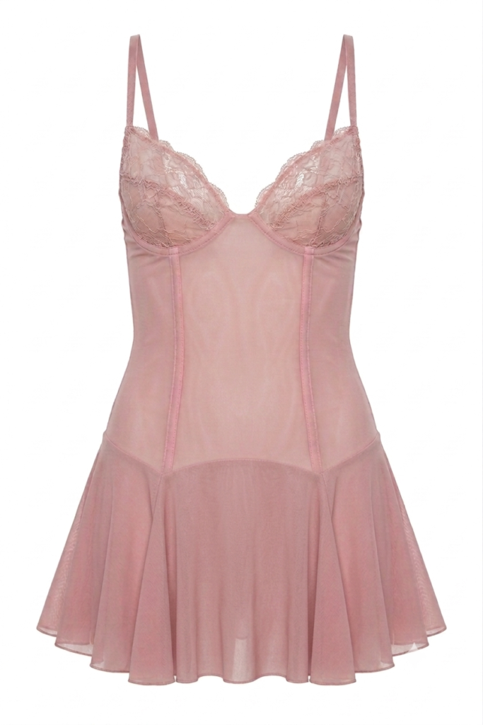 Sale 10 dress Lucie by Underveil — dusty rose blush pink corset slip dress with lace cups and flared pleated skirt