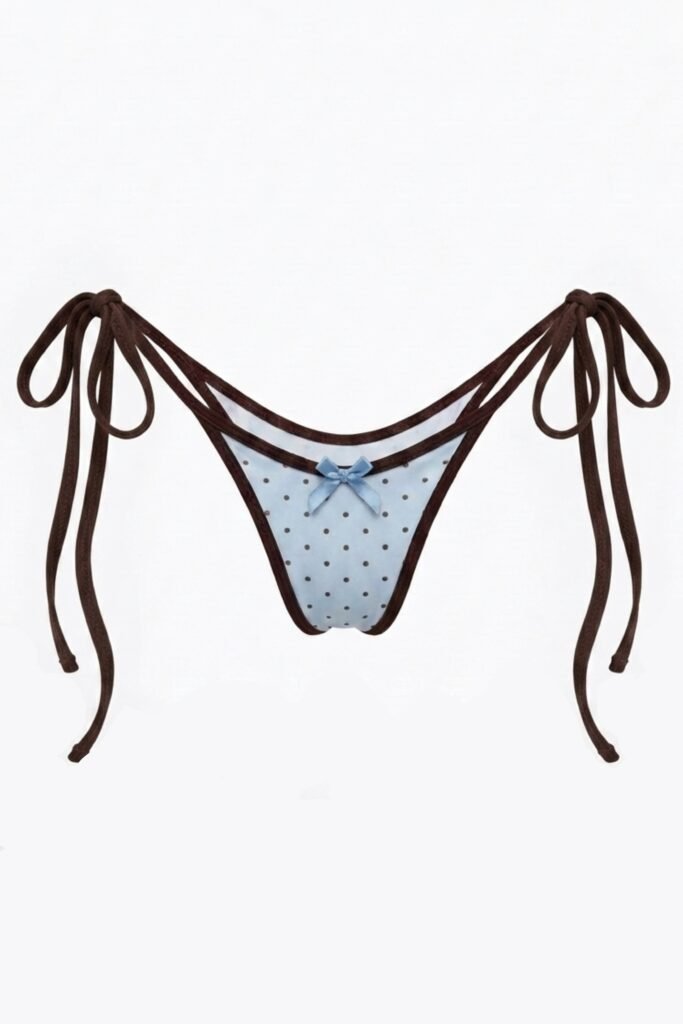 bikini Lulu by Underveil — baby blue with brown polka dots, brown trim and satin bows